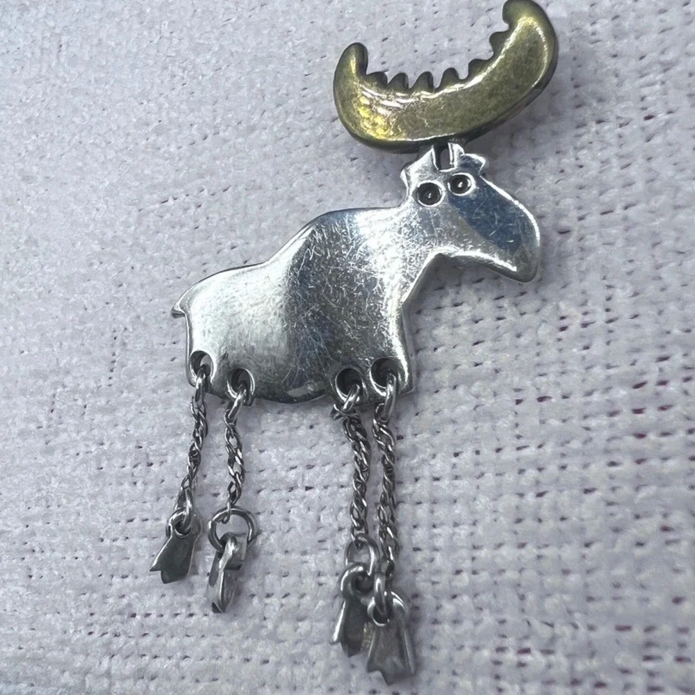 Vintage Mexico Sterling Silver Brass Brooch Pin Moose Articulated Artisan 2